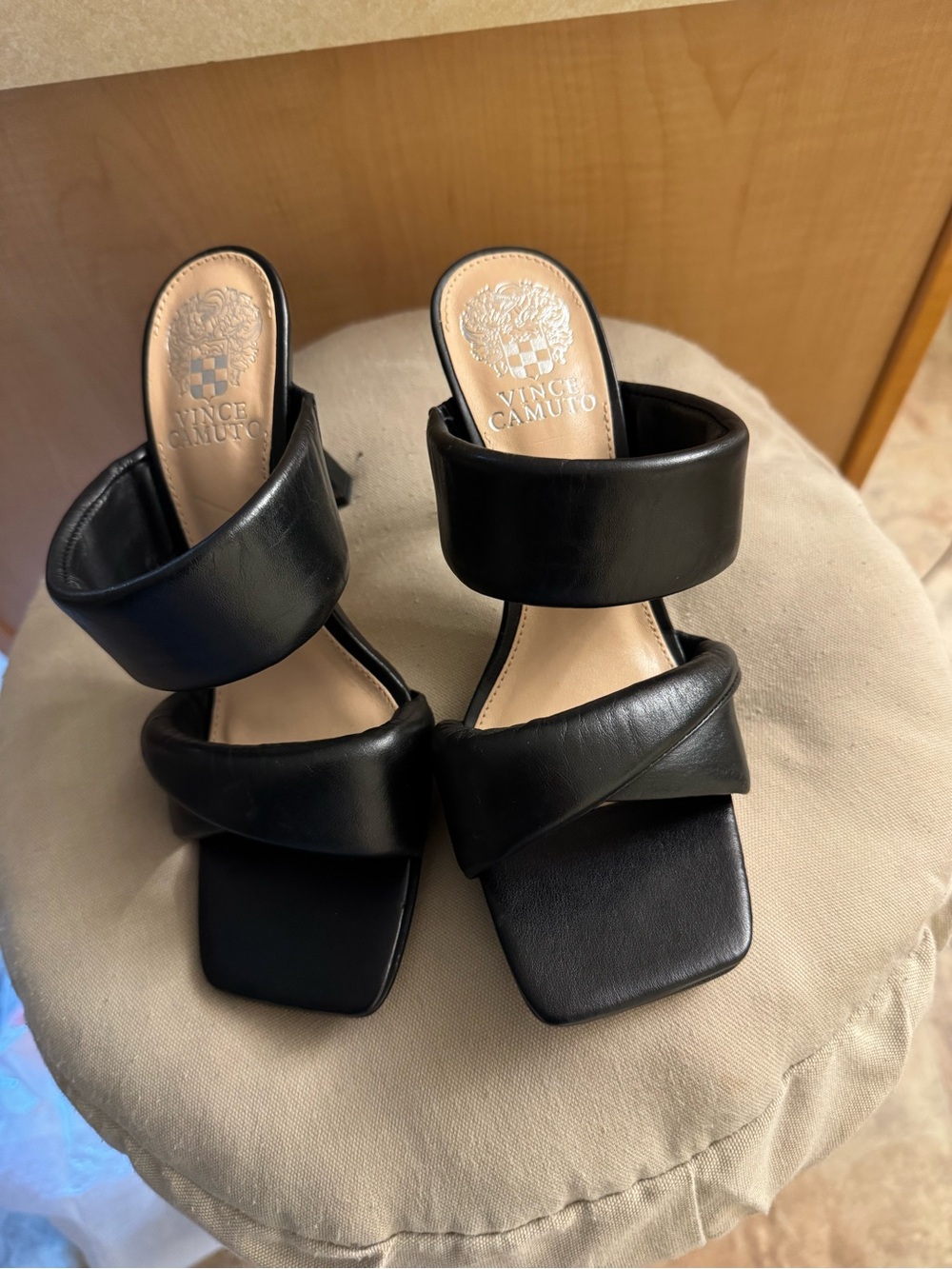 Vince Camuto Black Leather Square-Toe Double Strap Block Heel Sandals